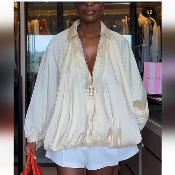 ZARA NWT Satin Bomber Jacket Puffed ZW Collection Cream Size M - Picture 10 of 16